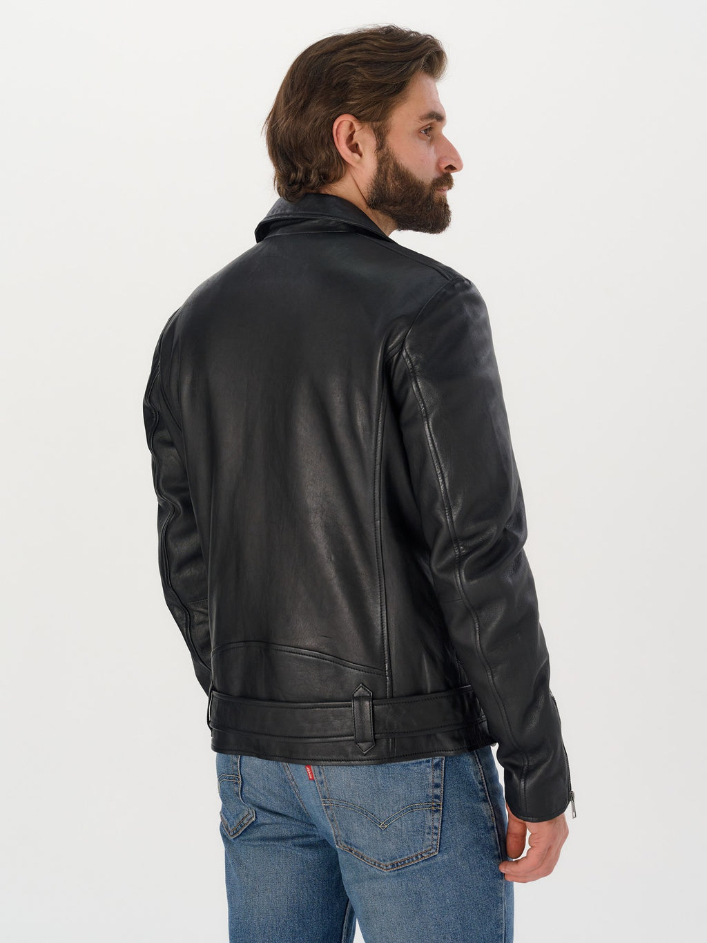Men's belted biker black leather jacket side view – DM Legend