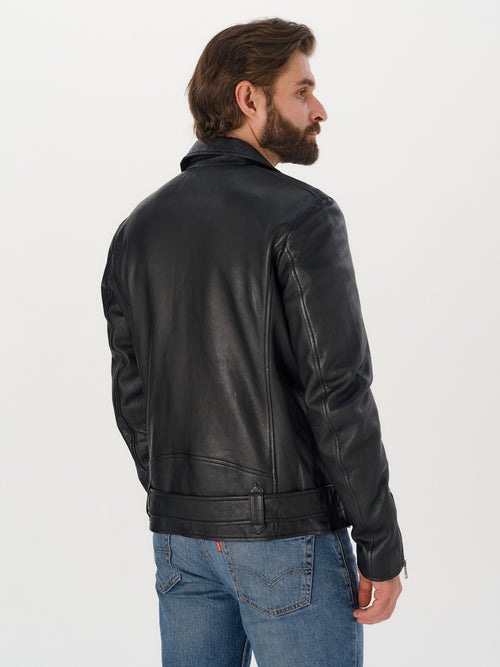 Men's belted biker black leather jacket side view – DM Legend