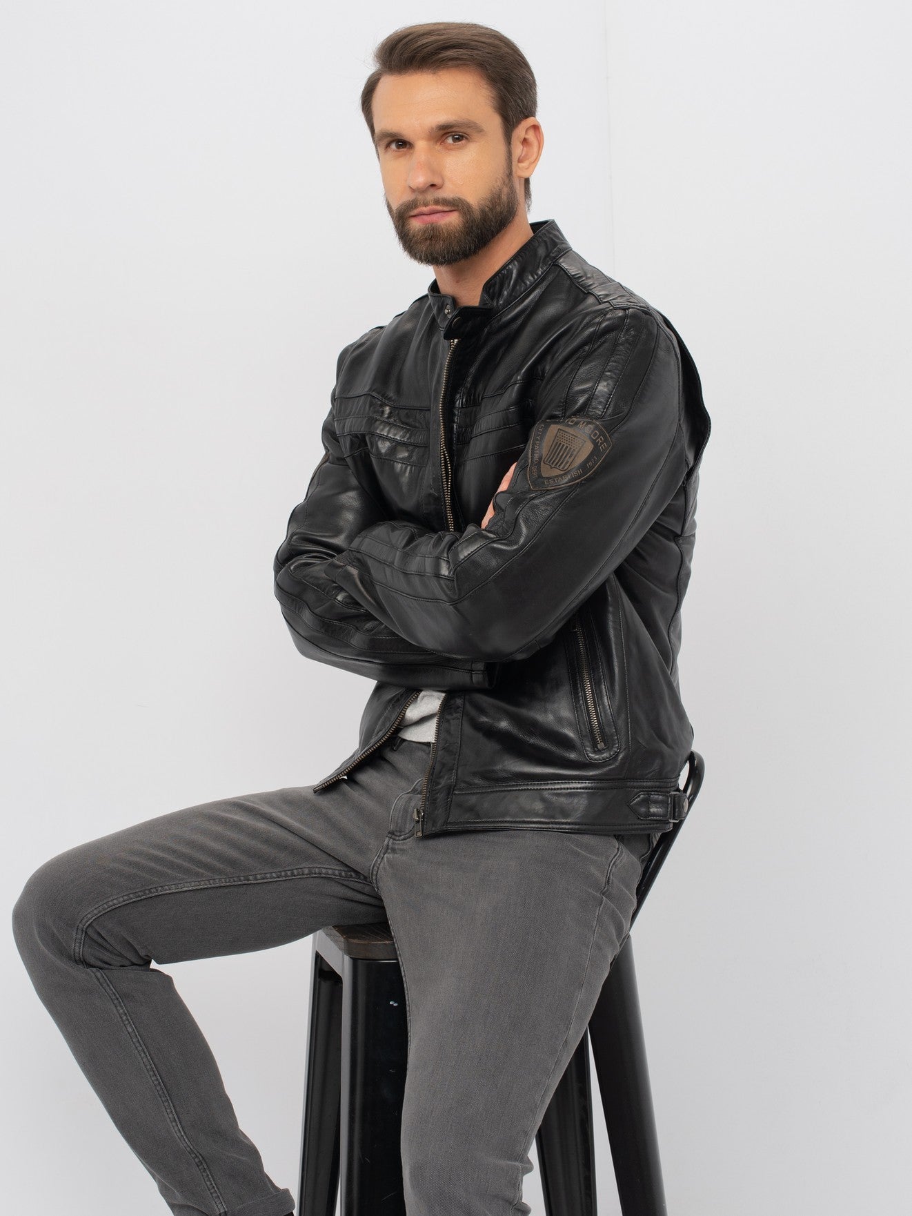 Man wearing DM Legend black vintage moto leather jacket front – DM Legend
