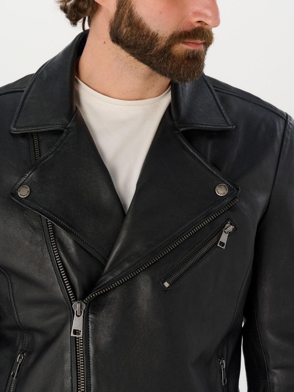 Black biker jacket collar and asymmetric zip detail – DM Legend