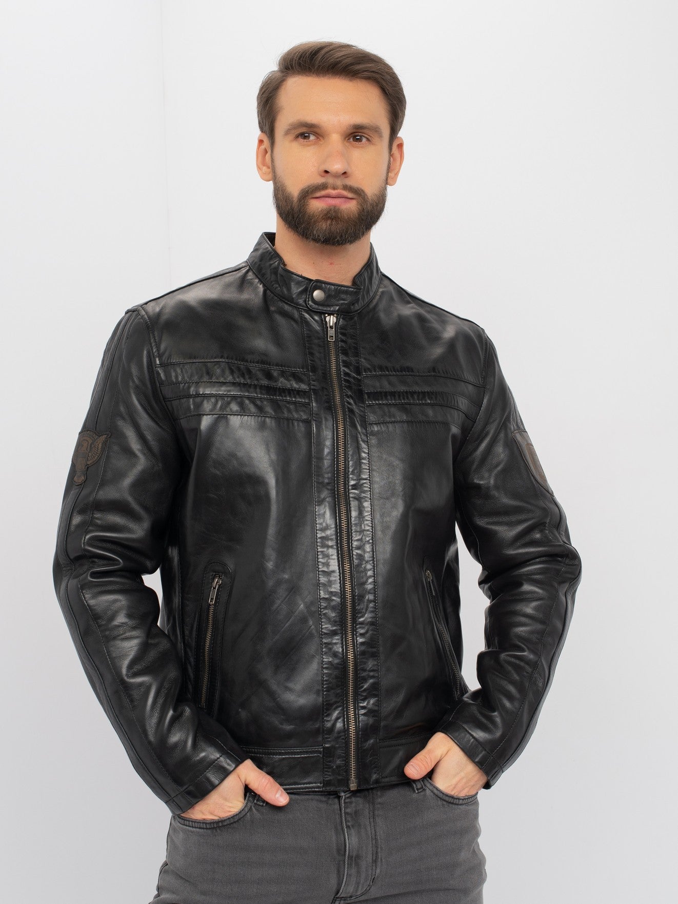 Men's vintage moto black leather jacket 3/4 view – DM Legend