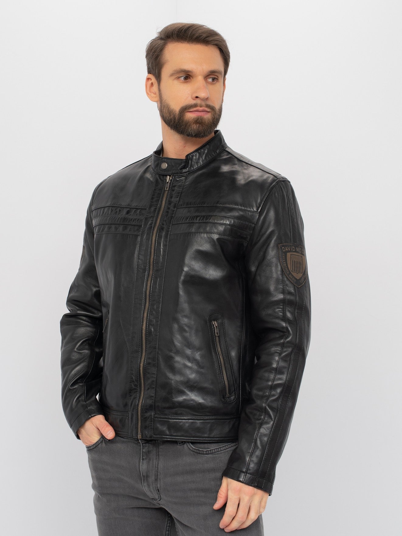 Men's vintage moto black leather jacket full length front view – DM Legend