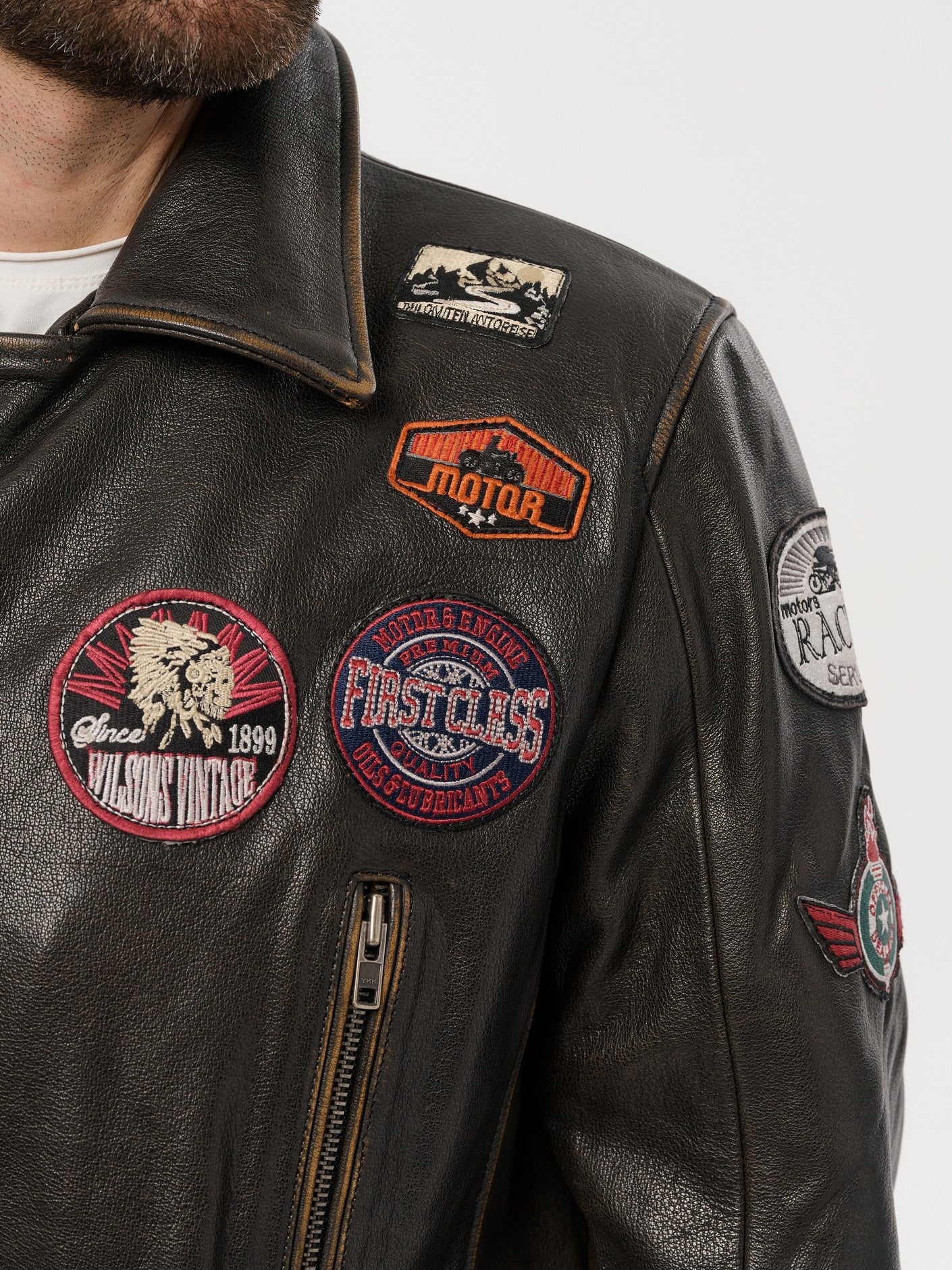 Gold brown moto jacket chest zip and patch detail – DM Legend