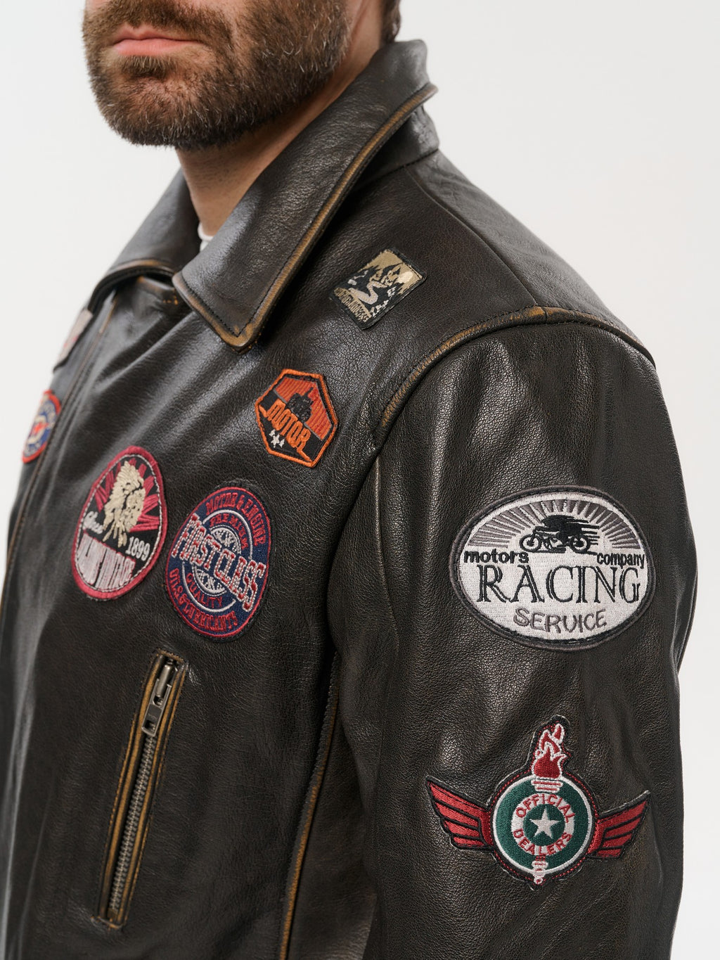 Gold brown moto jacket shoulder patch detail – DM Legend
