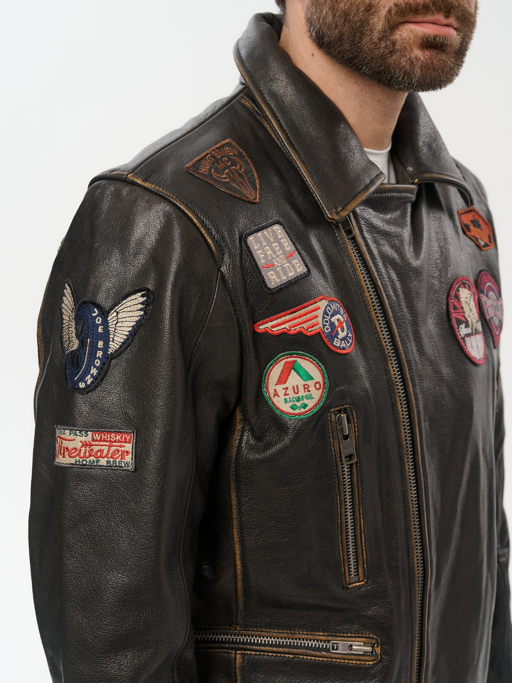 Gold brown moto jacket collar and patch detail – DM Legend