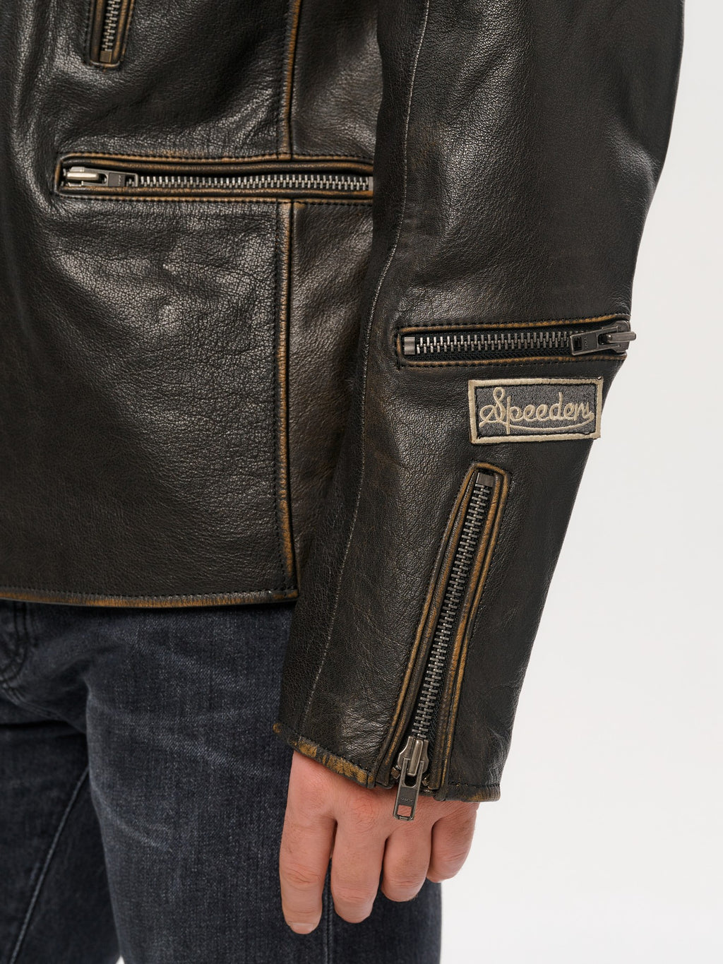 Gold brown leather jacket sleeve profile – DM Legend