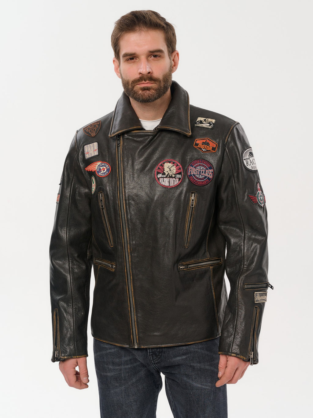 Men's moto gold brown leather jacket front view – DM Legend