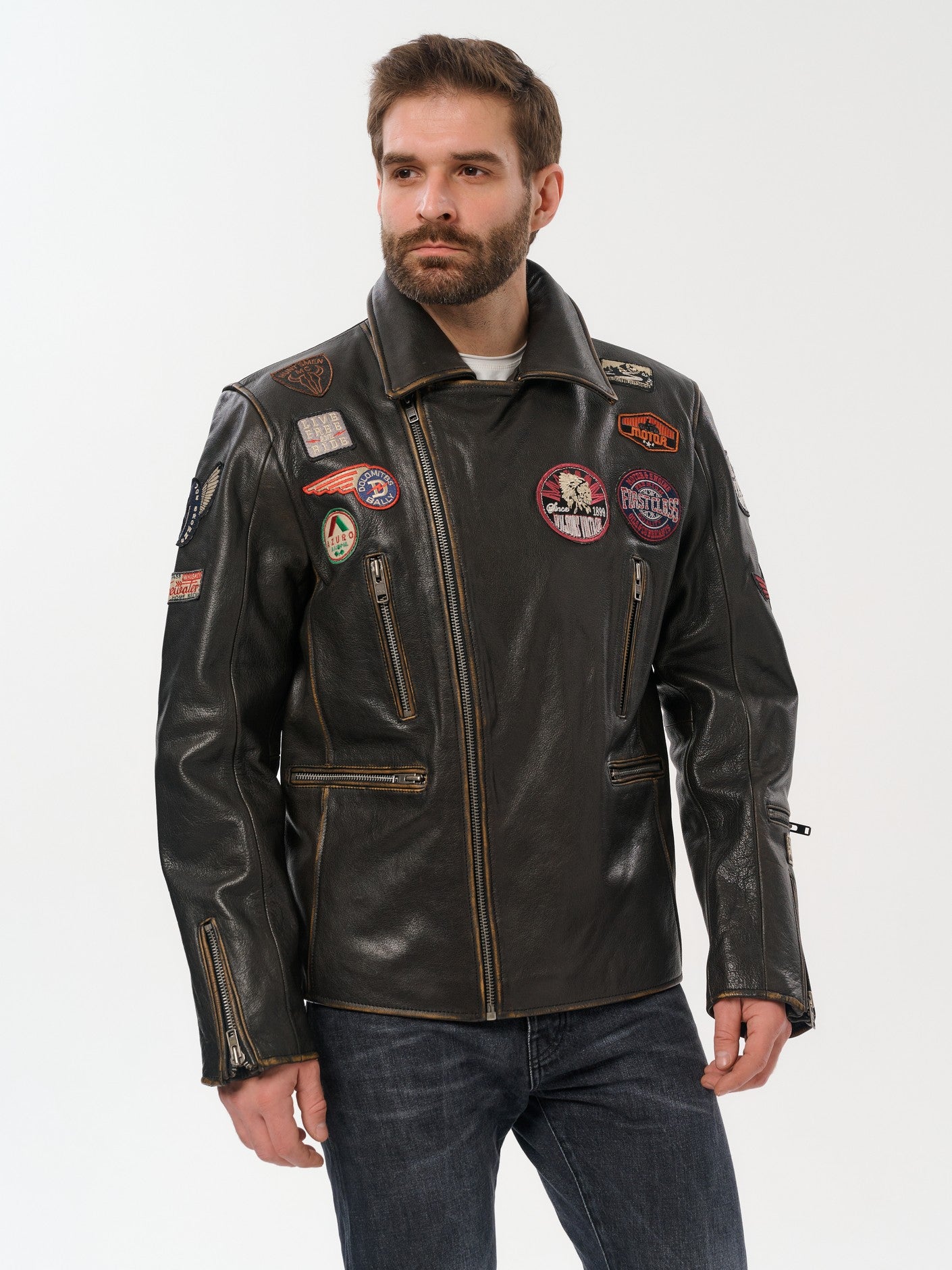 Gold brown leather jacket side profile – DM Legend