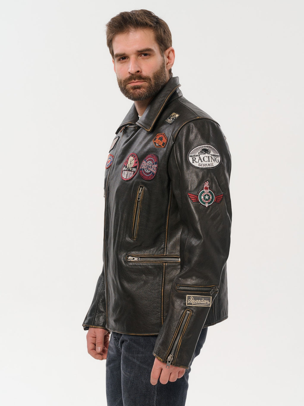 Man wearing DM Legend gold brown moto leather jacket left view