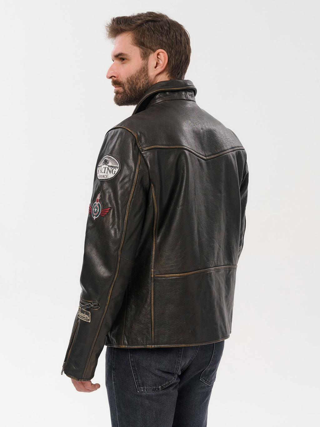 Men's moto gold brown leather jacket back view – DM Legend