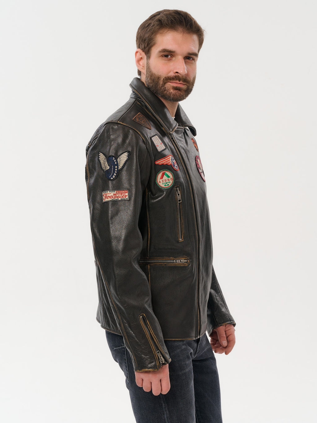Man wearing DM Legend gold brown moto leather jacket right view