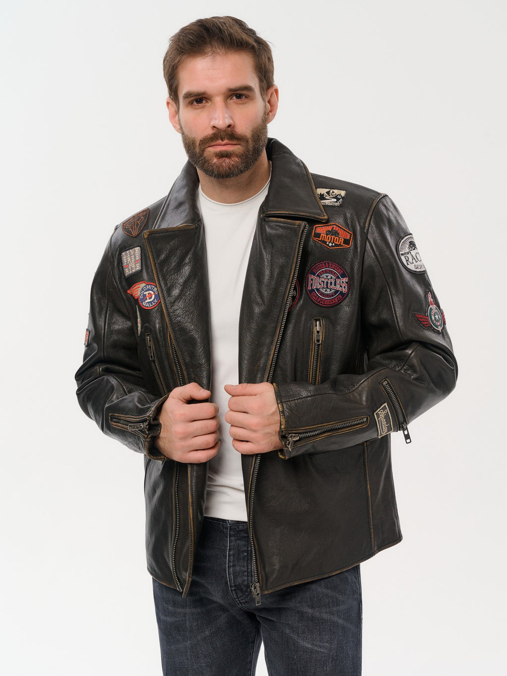 Men's moto gold brown leather jacket front angle – DM Legend