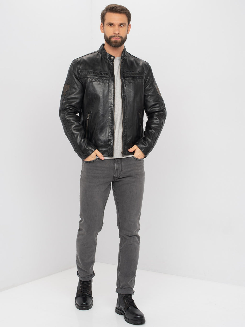 Men's vintage moto black leather jacket full front view – DM Legend