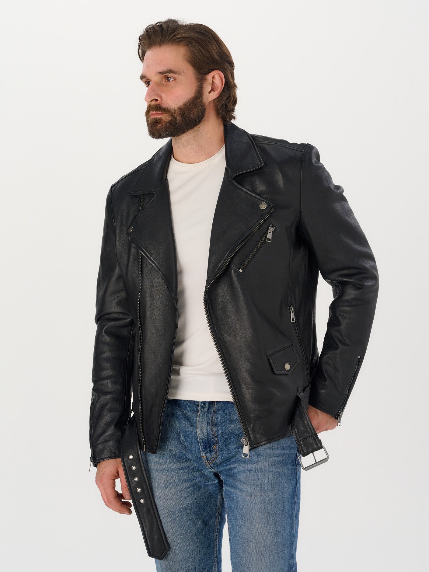 Men's belted biker black leather jacket 3/4 view – DM Legend
